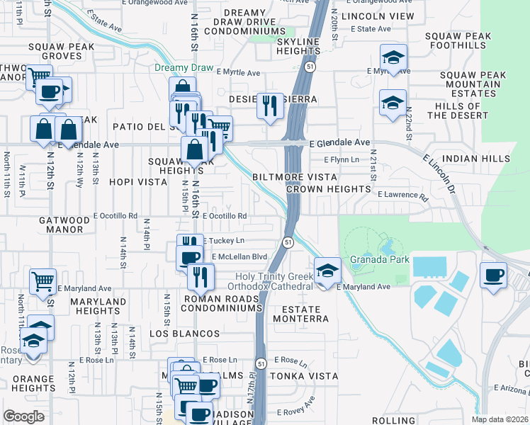 map of restaurants, bars, coffee shops, grocery stores, and more near 6701 North Ocotilla Drive in Phoenix