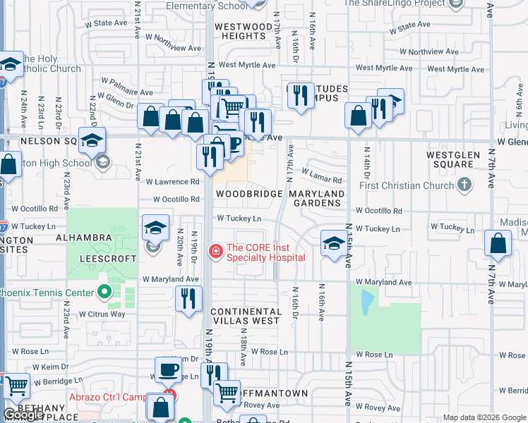 map of restaurants, bars, coffee shops, grocery stores, and more near 1819 West Ocotillo Road in Phoenix