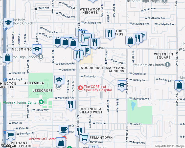 map of restaurants, bars, coffee shops, grocery stores, and more near 1819 West Ocotillo Road in Phoenix