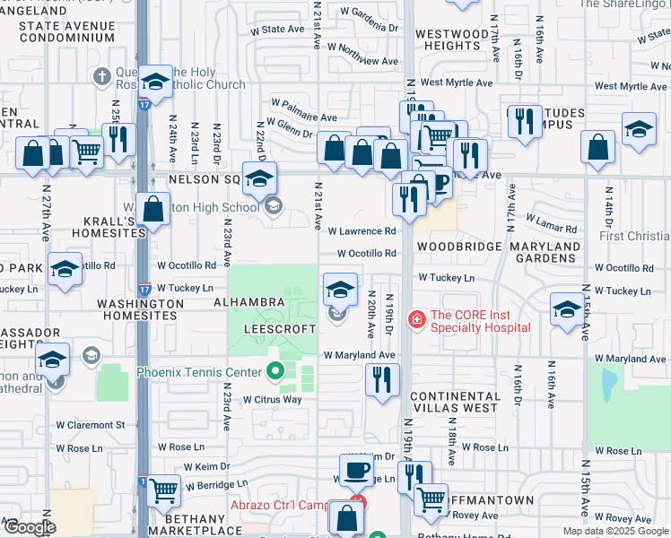 map of restaurants, bars, coffee shops, grocery stores, and more near 2020 West Ocotillo Road in Phoenix