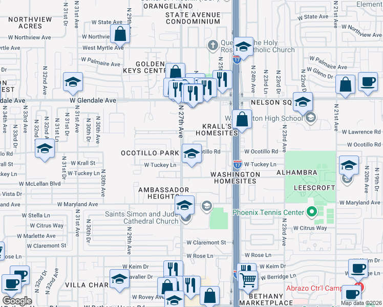 map of restaurants, bars, coffee shops, grocery stores, and more near 6714 North 26th Drive in Phoenix
