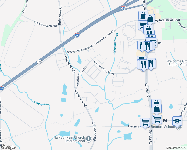 map of restaurants, bars, coffee shops, grocery stores, and more near 7009 Glen Valley Way in Fairburn