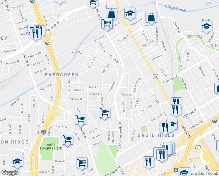 map of restaurants, bars, coffee shops, grocery stores, and more near 1605 20th Street North in Birmingham