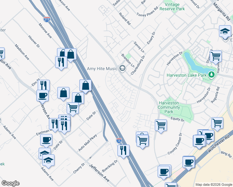 map of restaurants, bars, coffee shops, grocery stores, and more near 40503 Melrose Drive in Temecula