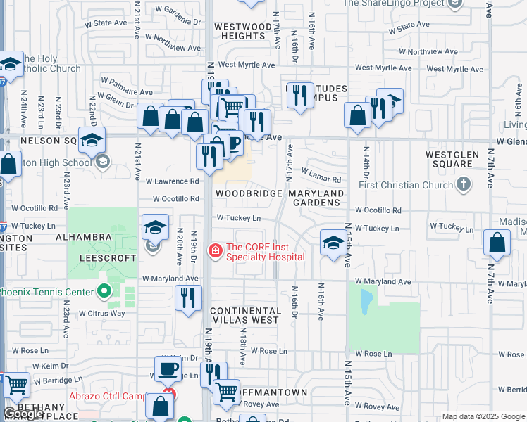 map of restaurants, bars, coffee shops, grocery stores, and more near 1819 West Ocotillo Road in Phoenix
