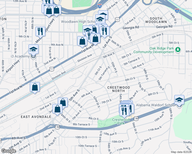 map of restaurants, bars, coffee shops, grocery stores, and more near 5337 5th Court South in Birmingham