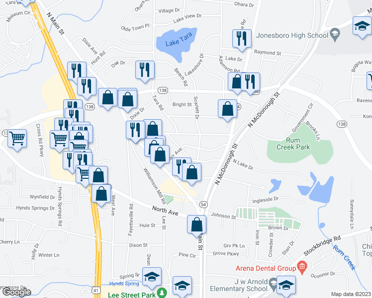 map of restaurants, bars, coffee shops, grocery stores, and more near 120 Pharr Avenue in Jonesboro