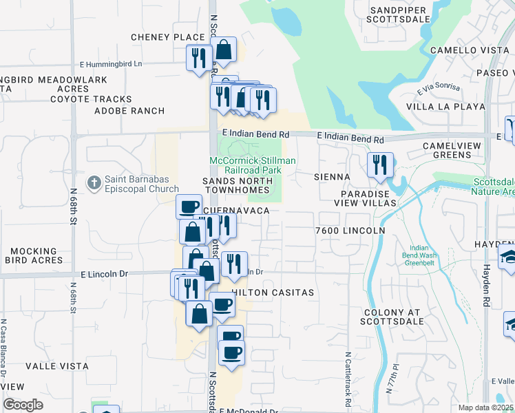 map of restaurants, bars, coffee shops, grocery stores, and more near 7340 East Krall Street in Scottsdale