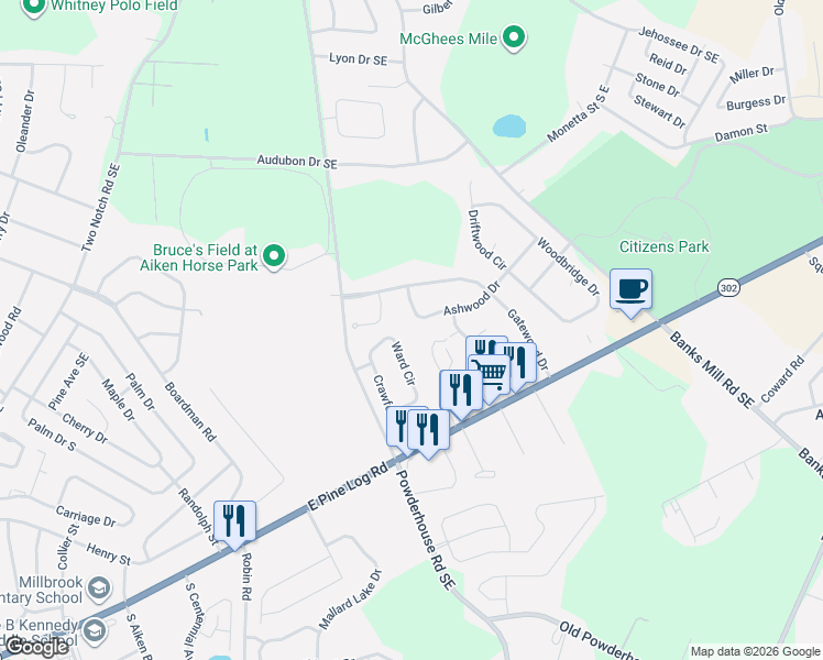 map of restaurants, bars, coffee shops, grocery stores, and more near 114 Ashwood Drive in Aiken