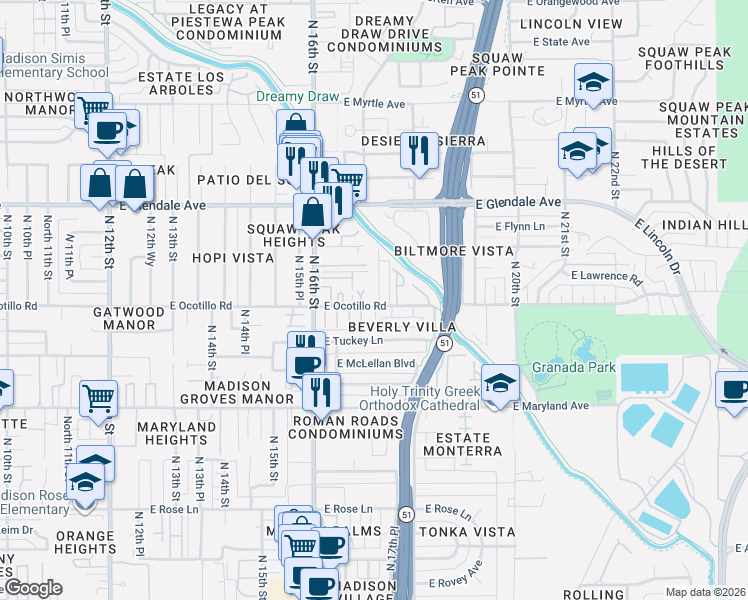 map of restaurants, bars, coffee shops, grocery stores, and more near 6733 North 16th Street in Phoenix