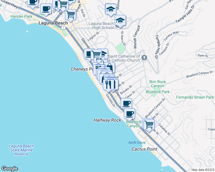 map of restaurants, bars, coffee shops, grocery stores, and more near 987 Glenneyre Street in Laguna Beach