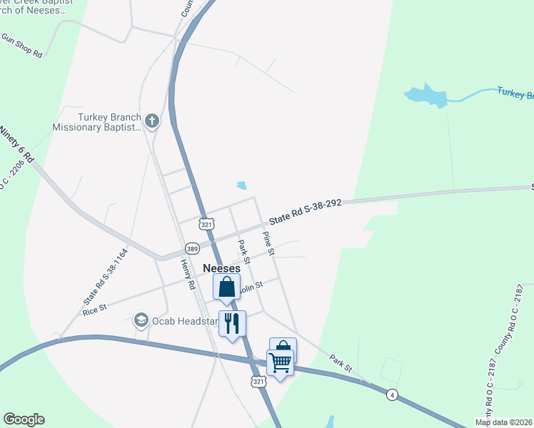 map of restaurants, bars, coffee shops, grocery stores, and more near 4507 Ninety 6 Road in Neeses