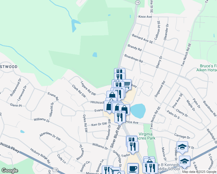 map of restaurants, bars, coffee shops, grocery stores, and more near 903 Whitney Drive in Aiken