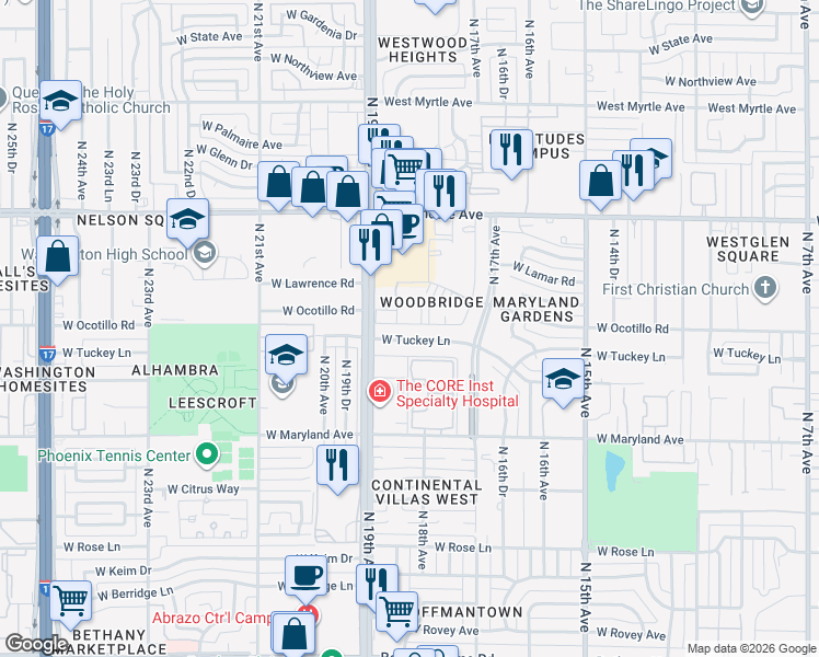 map of restaurants, bars, coffee shops, grocery stores, and more near 6635 North 19th Avenue in Phoenix