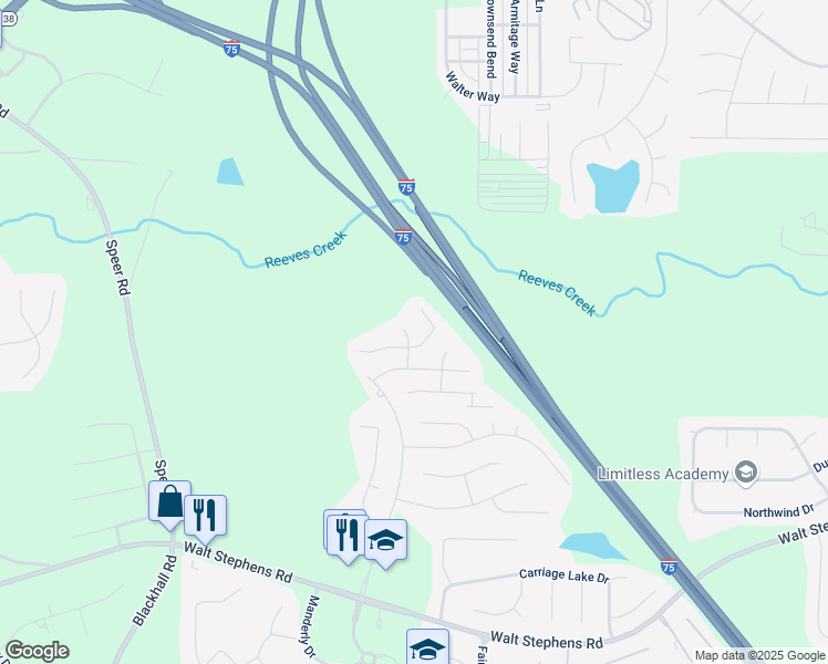 map of restaurants, bars, coffee shops, grocery stores, and more near 212 Ernestine Way in Stockbridge