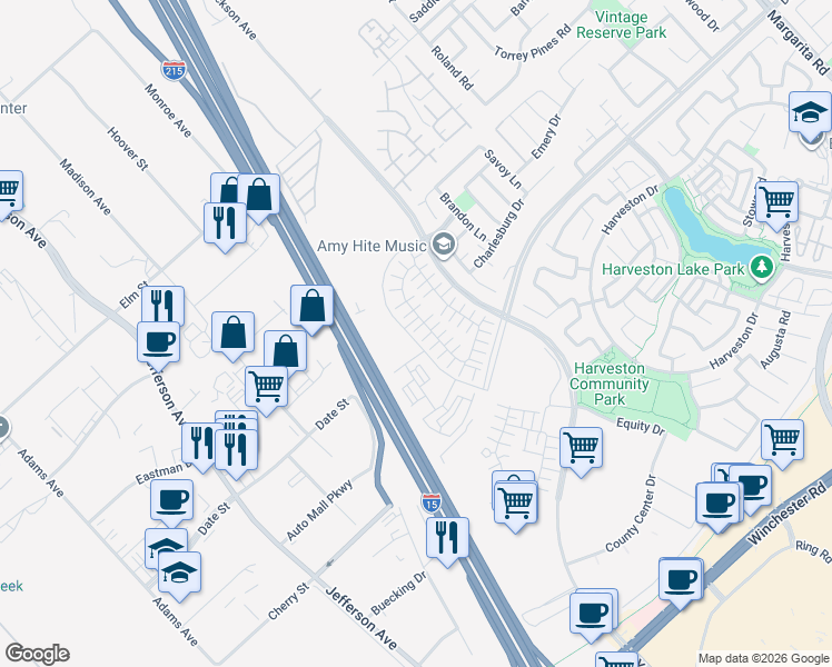 map of restaurants, bars, coffee shops, grocery stores, and more near Ynez Road in Temecula
