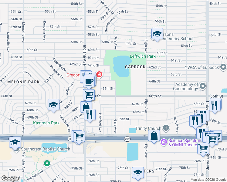 map of restaurants, bars, coffee shops, grocery stores, and more near 3201 65th Street in Lubbock