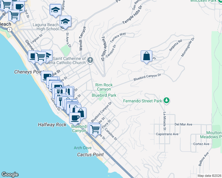 map of restaurants, bars, coffee shops, grocery stores, and more near 815 Bluebird Canyon Drive in Laguna Beach