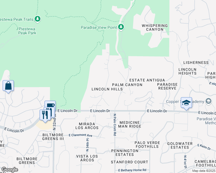 map of restaurants, bars, coffee shops, grocery stores, and more near 3500 East Lincoln Drive in Phoenix