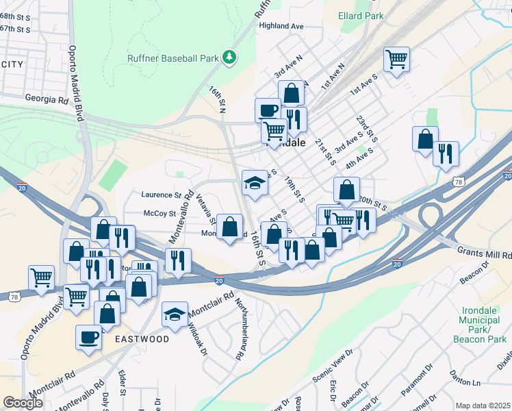 map of restaurants, bars, coffee shops, grocery stores, and more near 225 16th Street South in Irondale