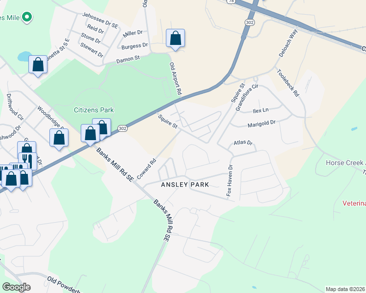 map of restaurants, bars, coffee shops, grocery stores, and more near 77 Cape Fox Circle in Aiken