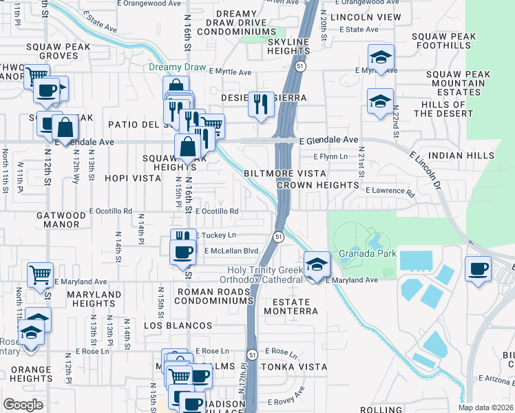 map of restaurants, bars, coffee shops, grocery stores, and more near 6744 North 17th Place in Phoenix