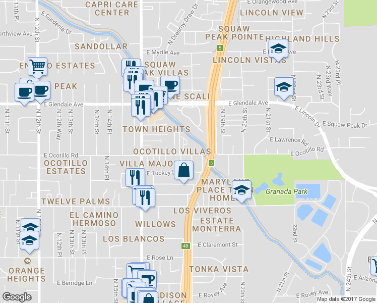 map of restaurants, bars, coffee shops, grocery stores, and more near 6701 North Ocotilla Drive in Phoenix