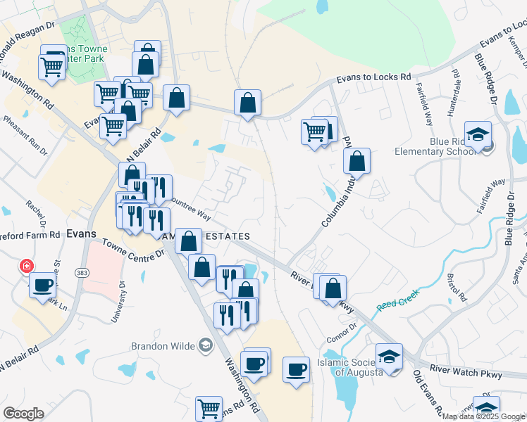 map of restaurants, bars, coffee shops, grocery stores, and more near 429 Evans Mill Drive in Evans