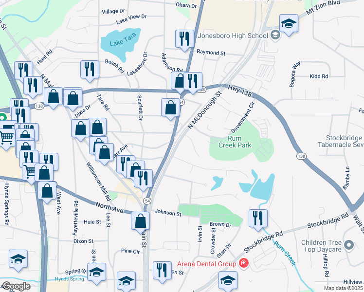 map of restaurants, bars, coffee shops, grocery stores, and more near 100 Burkshire Court in Jonesboro