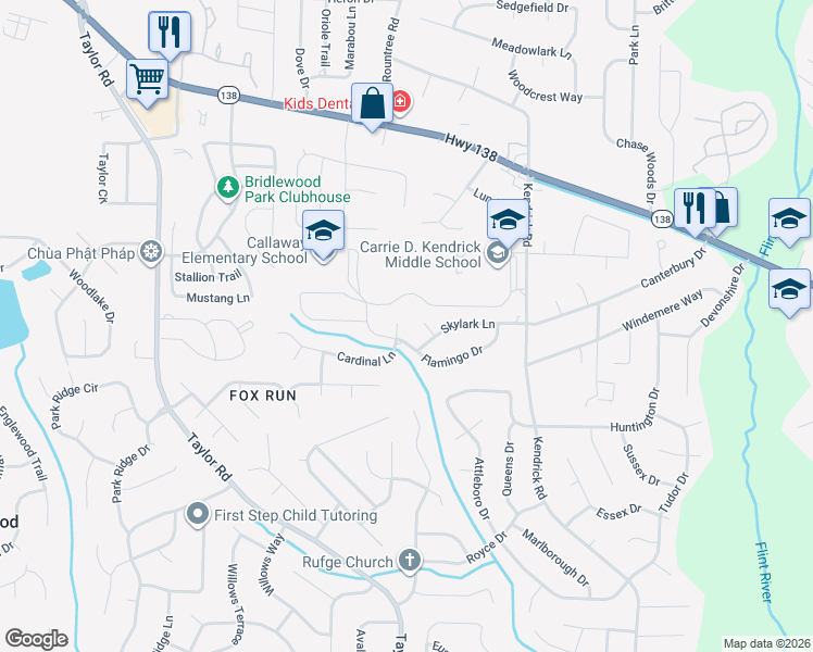 map of restaurants, bars, coffee shops, grocery stores, and more near 18 Cardinal Lane in Jonesboro