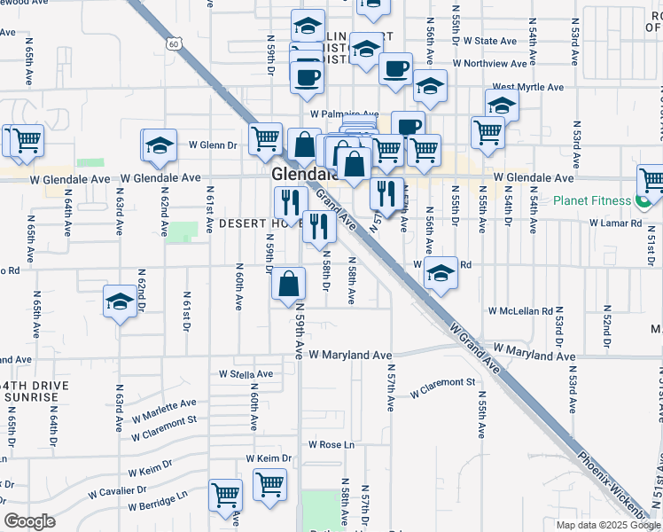 map of restaurants, bars, coffee shops, grocery stores, and more near in Glendale