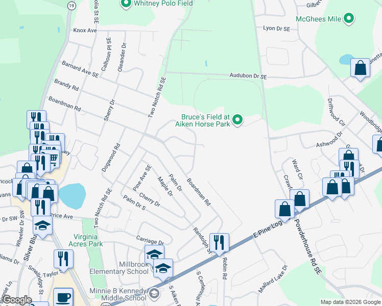 map of restaurants, bars, coffee shops, grocery stores, and more near 203 Dunbarton Circle Southeast in Aiken