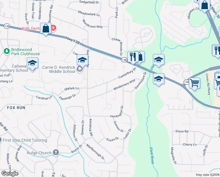 map of restaurants, bars, coffee shops, grocery stores, and more near 247 Canterbury Drive in Jonesboro
