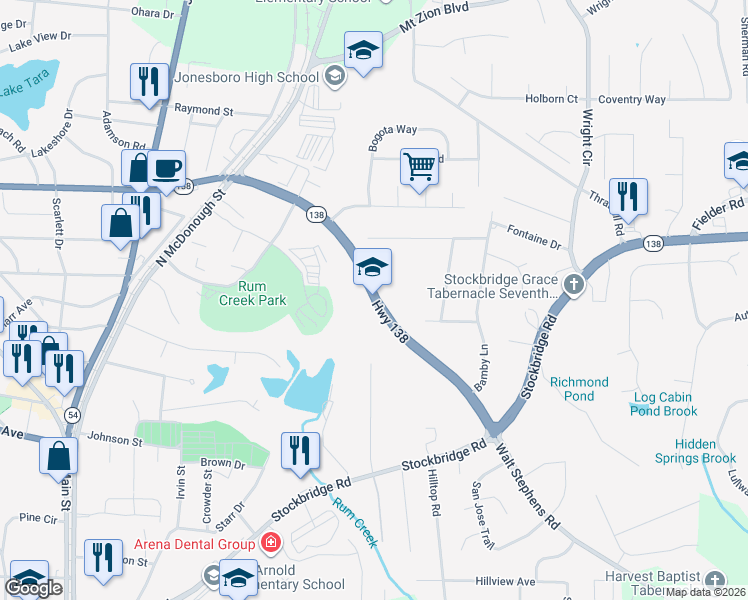 map of restaurants, bars, coffee shops, grocery stores, and more near 2846 Georgia 138 in Jonesboro