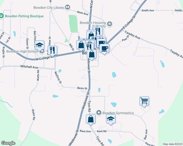 map of restaurants, bars, coffee shops, grocery stores, and more near 110 Parson Street in Bowdon