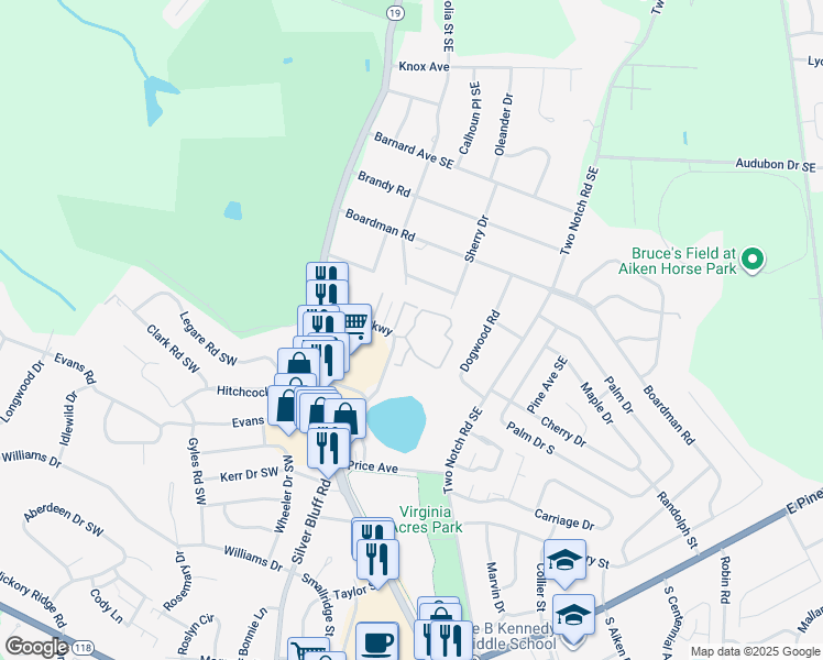 map of restaurants, bars, coffee shops, grocery stores, and more near 607 Greengate Circle in Aiken