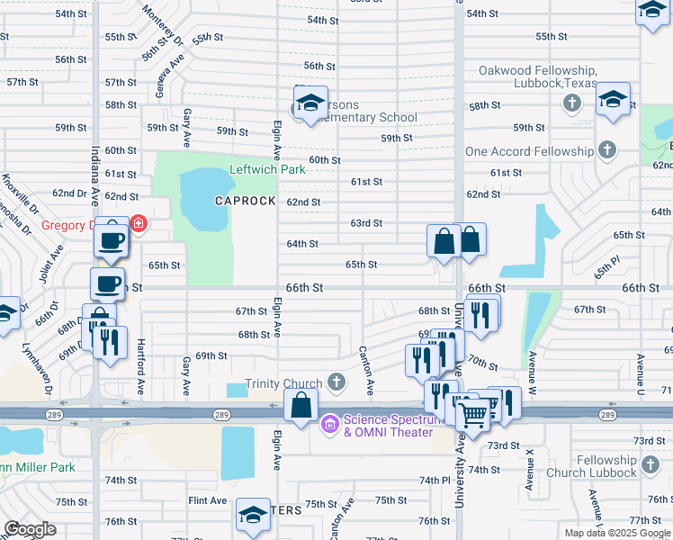 map of restaurants, bars, coffee shops, grocery stores, and more near 2811 65th Street in Lubbock
