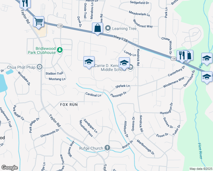 map of restaurants, bars, coffee shops, grocery stores, and more near 18 Cardinal Lane in Jonesboro