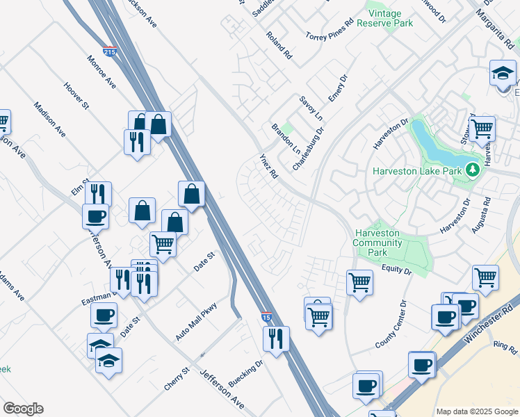 map of restaurants, bars, coffee shops, grocery stores, and more near 40469 Melrose Drive in Temecula