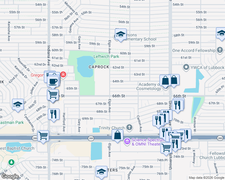 map of restaurants, bars, coffee shops, grocery stores, and more near 2835 65th Street in Lubbock