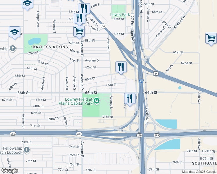 map of restaurants, bars, coffee shops, grocery stores, and more near 1118 65th St in Lubbock