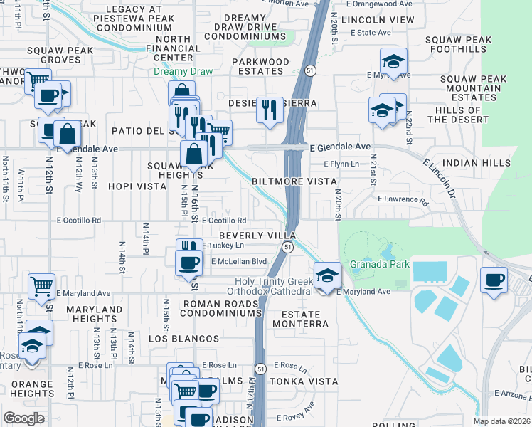 map of restaurants, bars, coffee shops, grocery stores, and more near 6744 North 17th Place in Phoenix