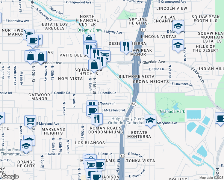 map of restaurants, bars, coffee shops, grocery stores, and more near 6733 North 16th Street in Phoenix
