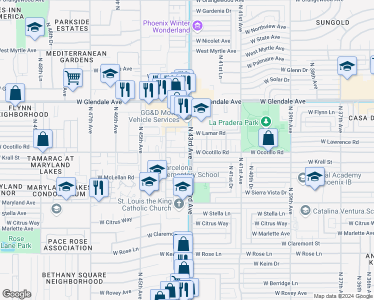 map of restaurants, bars, coffee shops, grocery stores, and more near 6746 North 43rd Avenue in Glendale