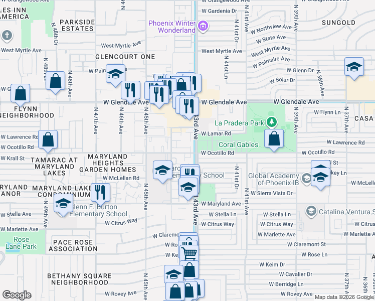 map of restaurants, bars, coffee shops, grocery stores, and more near 6746 North 43rd Avenue in Glendale