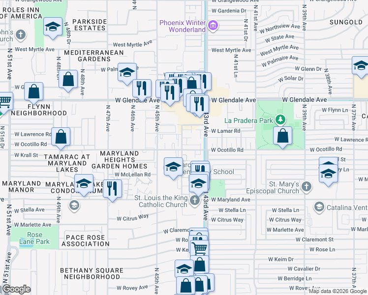 map of restaurants, bars, coffee shops, grocery stores, and more near 6719 North 44th Avenue in Glendale