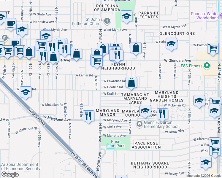 map of restaurants, bars, coffee shops, grocery stores, and more near 5008 West Ocotillo Road in Glendale
