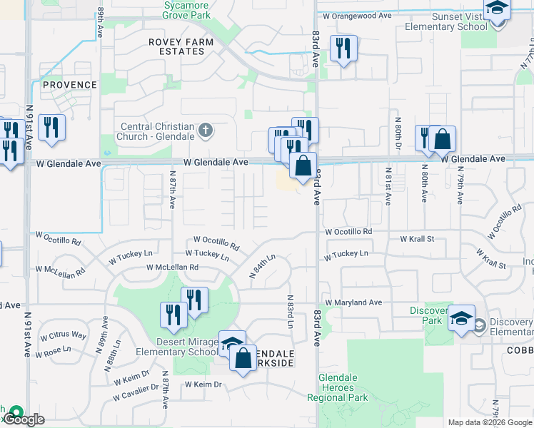 map of restaurants, bars, coffee shops, grocery stores, and more near 8311 West Glendale Avenue in Glendale