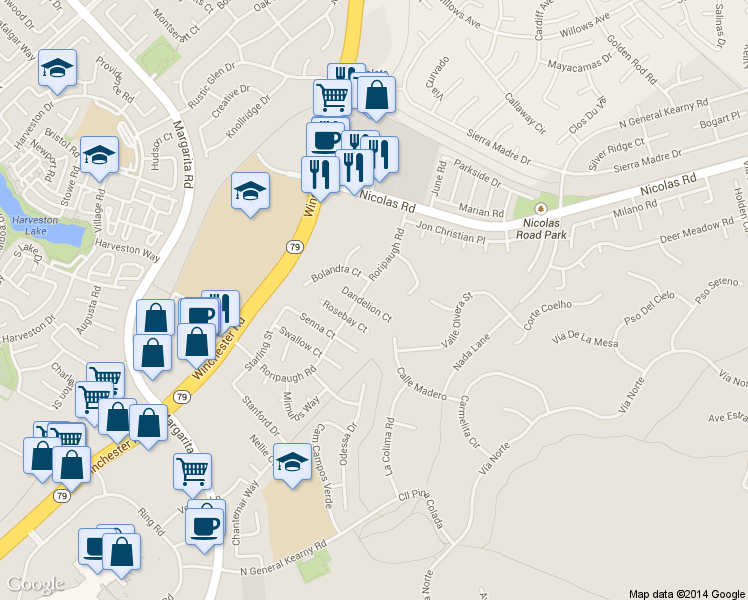 map of restaurants, bars, coffee shops, grocery stores, and more near 39830 Roripaugh Road in Temecula