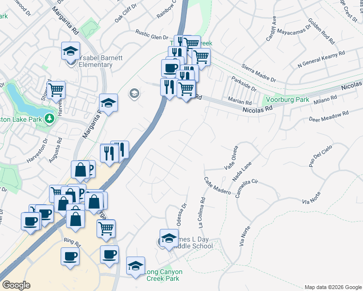 map of restaurants, bars, coffee shops, grocery stores, and more near 27463 Dandelion Court in Temecula